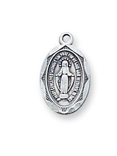 Sterling Silver Small Oval Miraculous Medal on a 16&quot; Rhodium Plated Chain