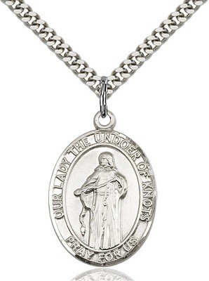 Sterling Silver Our Lady, Undoer of Knots Pendant on a 24" Light Rhodium Heavy Curb Endless Chain