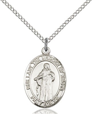 Sterling Silver Our Lady, Undoer of Knots Pendant on a 18" Light Rhodium Curb Chain with a Clasp