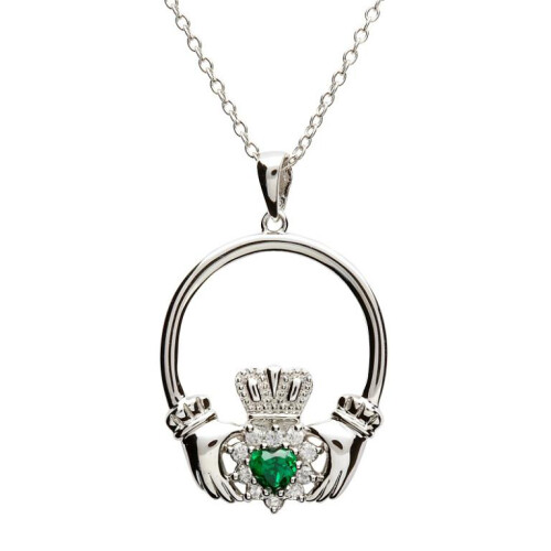 Sterling Silver Claddagh Stone Set Traditional Pendant on a 18&quot; Sterling Silver Chain