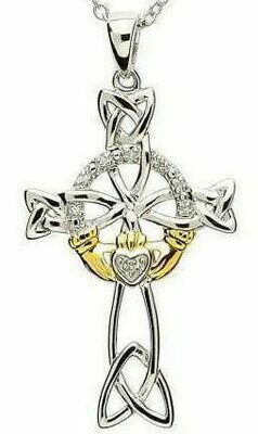Sterling Silver Celtic Claddagh Diamond Set Cross & Chain