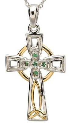 Sterling Silver Celtic Trinity Knot Diamond and Emerald Cross & Chain
