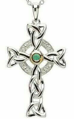Sterling Silver Celtic Trinity Diamond & Emerald Cross & Chain