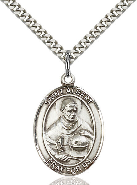 Sterling Silver St Albert the Great Pendant on a 24&quot; Light Rhodium Heavy Curb Chain