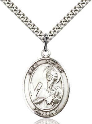 Sterling Silver St. Andrew Pendant on a 24" Light Rhodium Heavy Curb Endless Chain