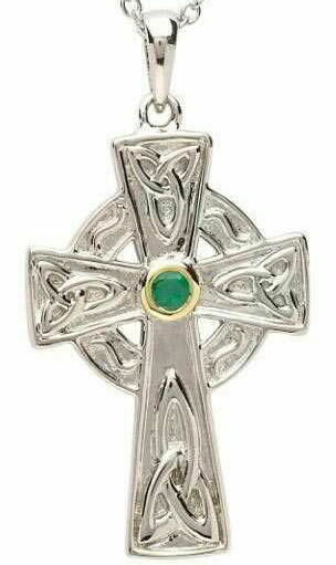 Sterling Silver Emerald Set Celtic Knot Design Celtic Cross with Gold Plate Detail &amp; Chain