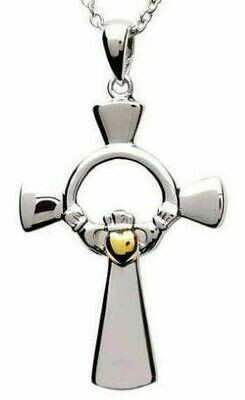 Sterling Silver Claddagh Cross with Gold Plate Heart & Chain