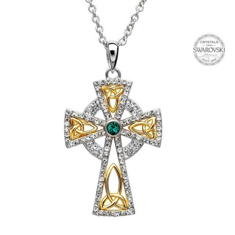Trinity Gold Plated Cross Embellished with Swarovski® Crystals on a 18&quot; Sterling Silver Chain
