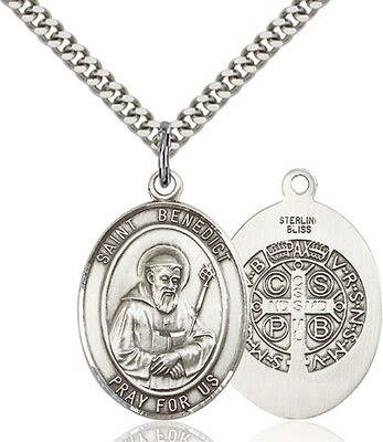Sterling Silver St. Benedict Pendant on a 24" Light Rhodium Heavy Curb Endless Chain