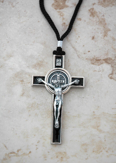 Metal Silver and Black St. Benedict Cross on 24 in. Cord