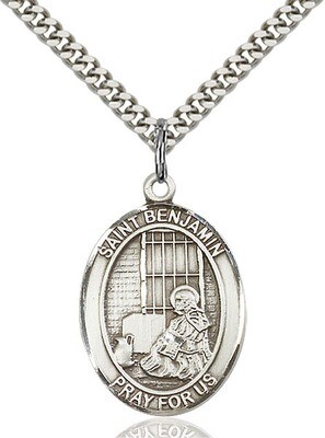 Sterling Silver St. Benjamin Pendant on a 24" Light Rhodium Heavy Curb Endless Chain