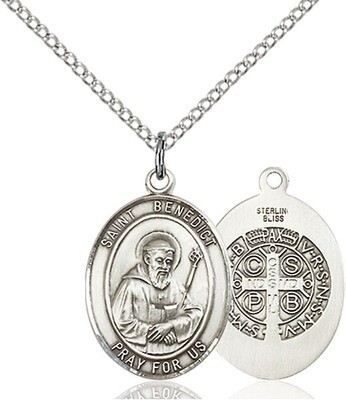Sterling Silver St. Benedict Pendant on an 18" Light Rhodium Curb Chain with a Clasp
