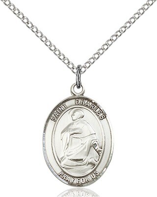 Sterling Silver St. Charles Borromeo Pendant on an 18" Light Rhodium Curb Chain with a Clasp