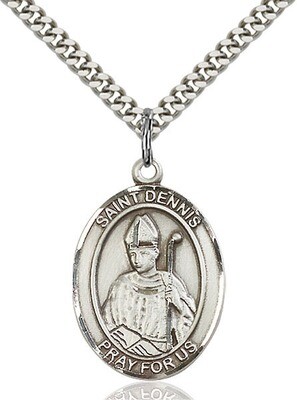 Sterling Silver St. Dennis Pendant on a 24" Light Rhodium Heavy Curb Endless Chain