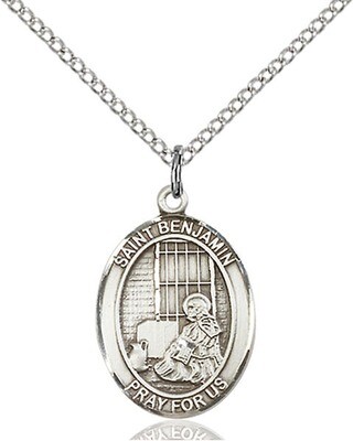 Sterling Silver St. Benjamin Pendant on an 18" Light Rhodium Curb Chain with a Clasp