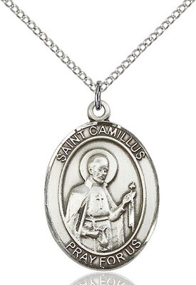 Sterling Silver St. Camillus of Lellis Pendant on a 18" LIght Rhodium Curb Chain with a Clasp