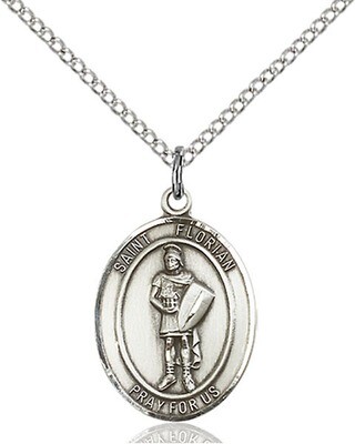 Sterling Silver St. Florian Pendant on an 18" Light Rhodium Curb Chain with a Clasp