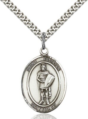 Sterling Silver St. Florian Pendant on a 24" Light Rhodium Heavy Curb Endless Chain
