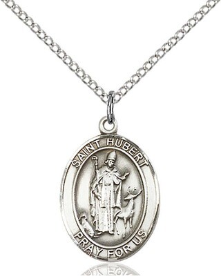 Sterling Silver St. Hubert of Liege Pendant on an 18" Light Rhodium Curb Chain with a Clasp