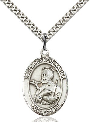 Sterling Silver St. Francis Xavier Pendant on a 24" Light Rhodium Heavy Curb Endless Chain