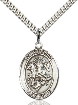 Sterling Silver St. George Pendant on a 24" Light Rhodium Heavy Curb Endless Chain