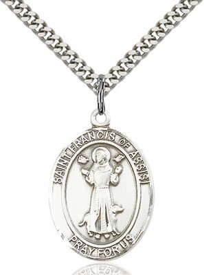Sterling Silver St. Francis of Assisi Pendant on a 24" Light Rhodium Heavy Curb Endless Chain