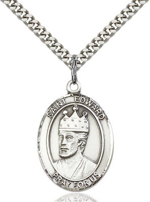 Sterling Silver St. Edward the Confessor Pendant on a 24" Light Rhodium Heavy Curb Endless Chain