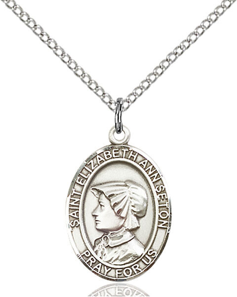 Sterling Silver St Elizabeth Ann Seton Pendant on a 18&quot; Light Rhodium Light Curb Chain