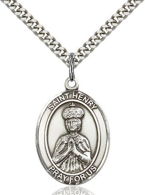 Sterling Silver St. Henry II Pendant on a 24" Light Rhodium Heavy Curb Endless Chain