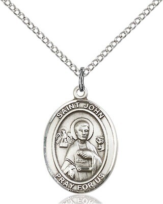 Sterling Silver St. John the Apostle Pendant on an 18" Light Rhodium Curb Chain with a Clasp