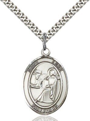 Sterling Silver St. Luke the Apostle Pendant on a 24" Light Rhodium Heavy Curb Endless Chain