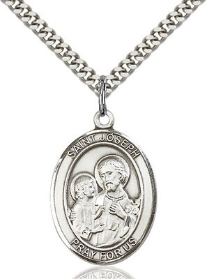 Sterling Silver St. Joseph Pendant on a 24" Light Rhodium Heavy Curb Endless Chain