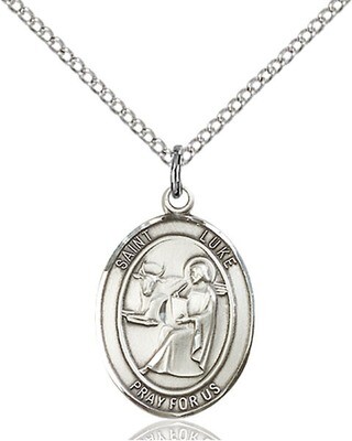 Sterling Silver St. Luke the Apostle Pendant on an 18" Light Rhodium Curb Chain with a Clasp