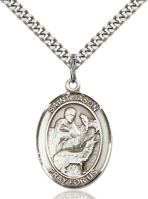 Sterling Silver St. Jason Pendant on a 24" Light Rhodium Heavy Curb Endless Chain