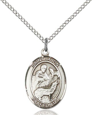 Sterling Silver St. Jason Pendant on an 18" Light Rhodium Curb Chain with a Clasp