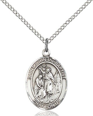 Sterling Silver St. John the Baptist Pendant on a 18" Light Rhodium Curb Chain with a Clasp