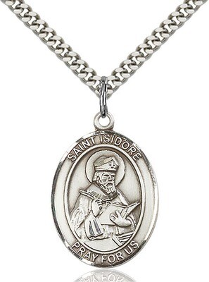Sterling Silver St. Isidore of Seville Pendant on a 24" Light Rhodium Heavy Curb Endless Chain