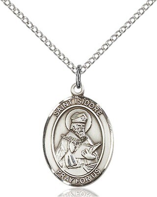 Sterling Silver St. Isidore of Seville Pendant on an 18" Light Rhodium Curb Chain with a Clasp