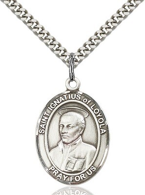 Sterling Silver St. Ignatius of Loyola Pendant on a 24" Light Rhodium Heavy Curb Endless Chain