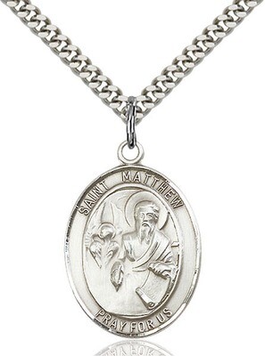 Sterling Silver St. Matthew the Apostle Pendant on a 24" Light Rhodium Heavy Curb Endless Chain