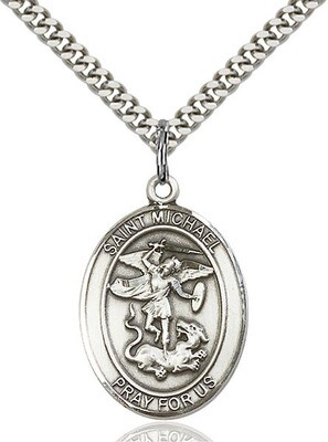 Sterling Silver St. Michael Pendant on a 24" Light Rhodium Heavy Curb Endless Chain