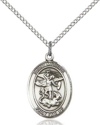 Sterling Silver St. Michael Pendant on an 18" Light Rhodium Curb Chain with a Clasp