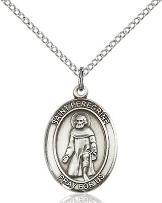 Sterling Silver St. Peregrine Pendant on an 18" Light Rhodium Curb Chain with a Clasp