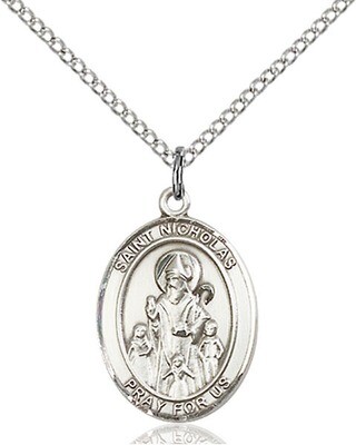 Sterling Silver St. Nicholas Pendant on an 18" Light Rhodium Curb Chain with a Clasp