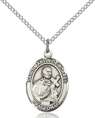Sterling Silver St. Martin de Porres Pendant on an 18" Light Rhodium Curb Chain with a Clasp