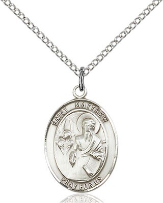 Sterling Silver St. Matthew the Apostle Pendant on an 18" Light Rhodium Curb Chain with a Clasp