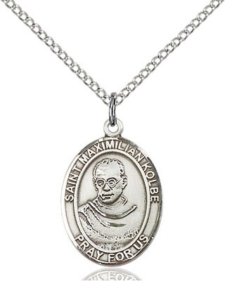 Sterling Silver St. Maximilian Kolbe Pendant on an 18" Light Rhodium Curb Chain with a Clasp