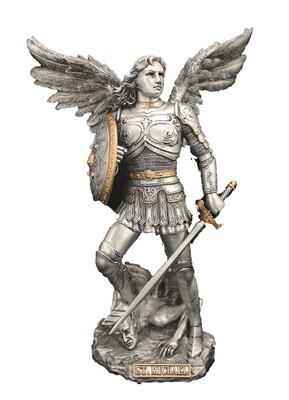 9" Archangel Michael, Pewter Style Finish, Golden Highlights
