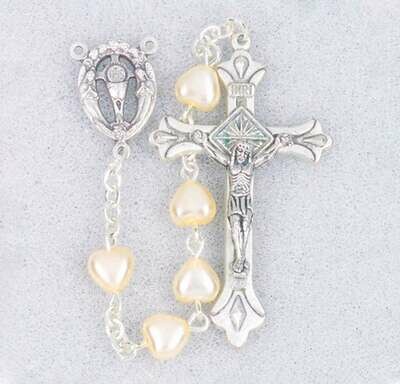 First Communion Rosary- 5mm Cream Glass Hearts