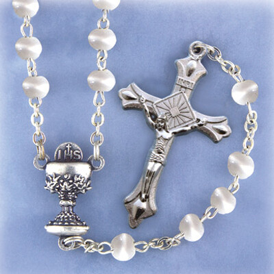 First Communion Rosary- White Cat's Eye